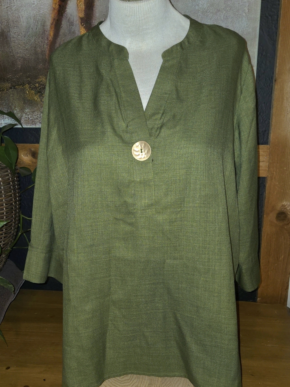 Olive Green Split-Neck Tunic Blouse